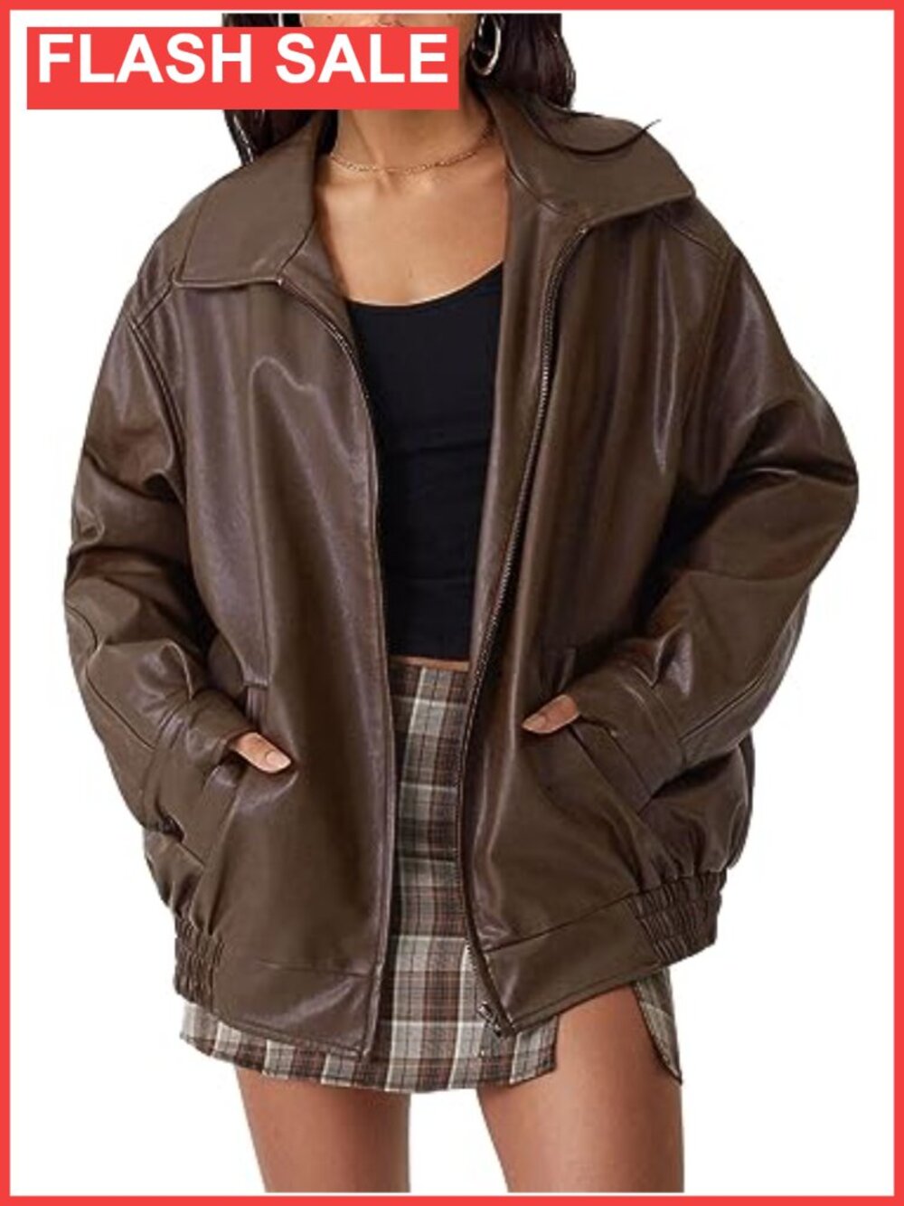 Oversized Faux Leather Jacket Vegan Leather Moto Zip-Up Fall Winter Coat